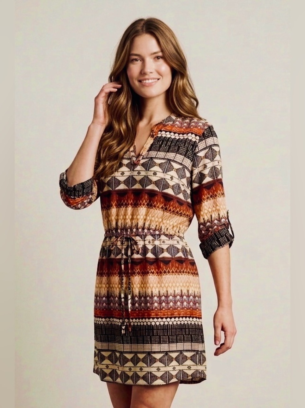 Fall Autumn Mini Dress Warm Boho Western Tribal Elastic Waist 3/4 Sleeve V-Neck